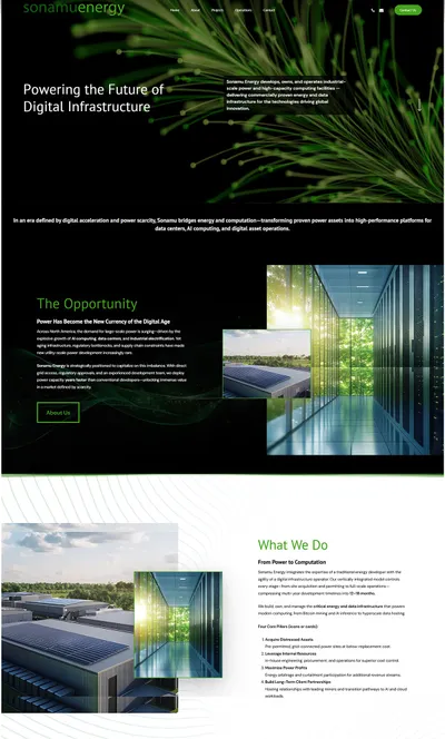 Screenshot of the Sonamu Energy website designed by Alchemy Imageworks, featuring custom data visuals, investor-focused content, and a modern energy-sector brand design.